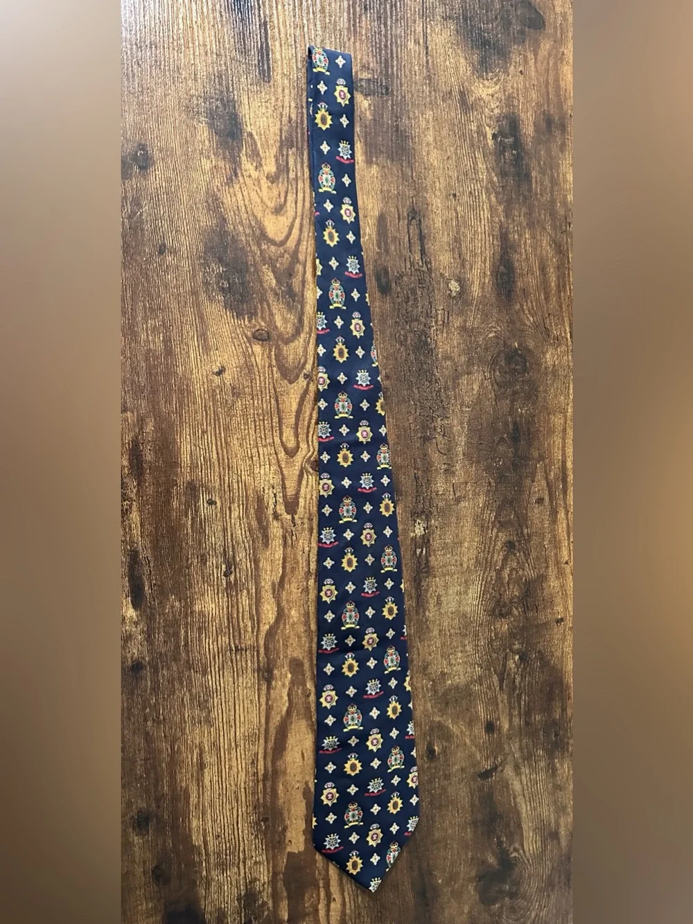 Tommy Hilfiger 90s Navy Silk Tie with Crest and Star Motif Preppy Dark Academia